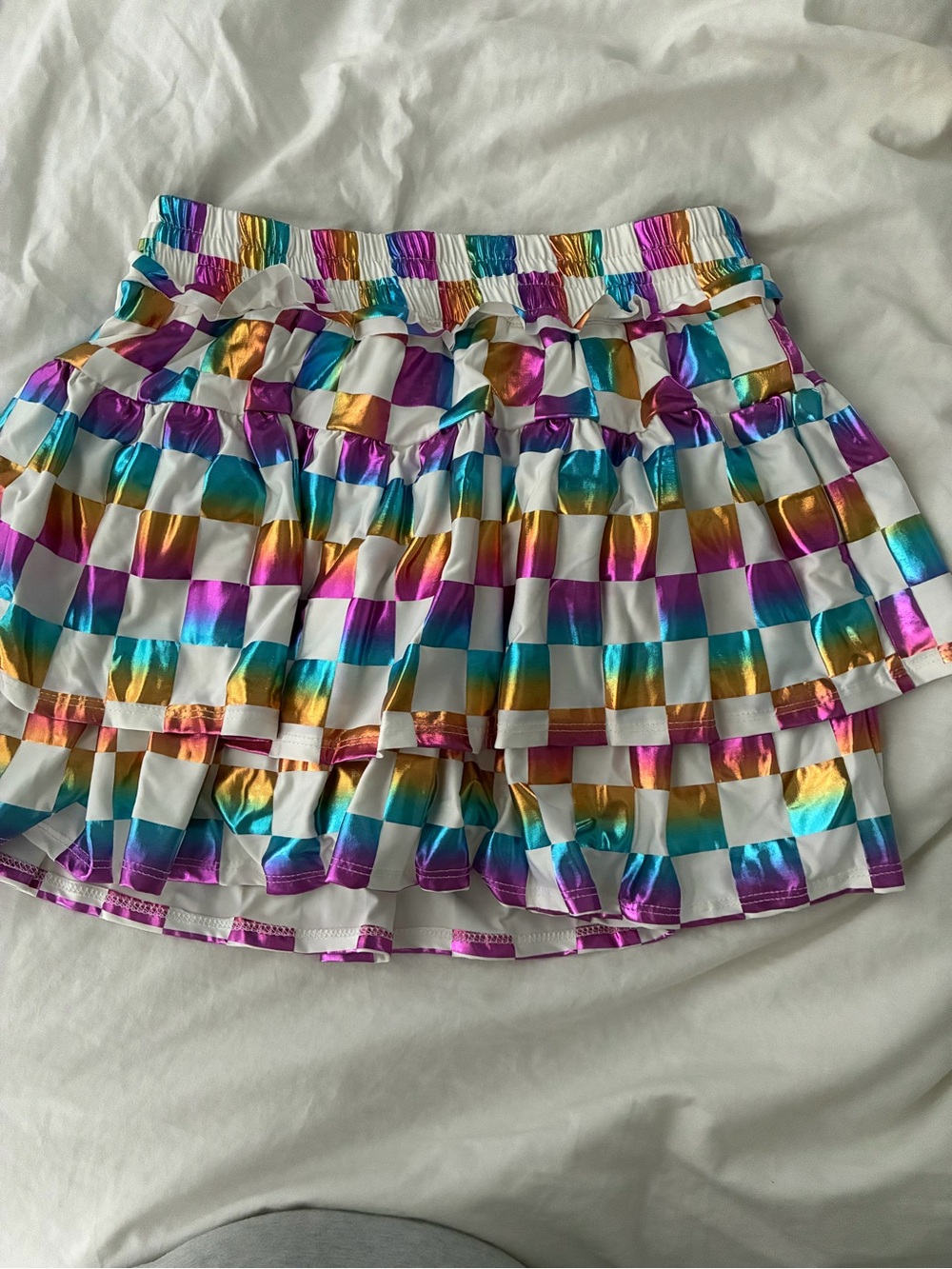 Metallic Rainbow Check Ruffle Mini Skirt